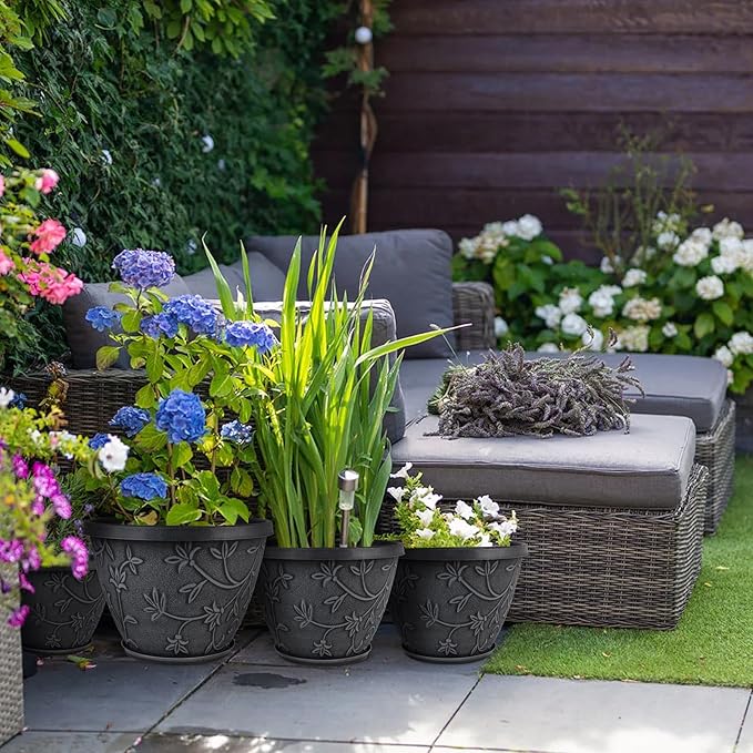 4 Pack 10 Inch Plant Pot for Outdoor Indoor, Plastic Flower Pots with Drainage Hole & Saucer, Lightweight Small Resin Flower Pot, Imitation Magnolia Planter Pots for Garden House（Gray）