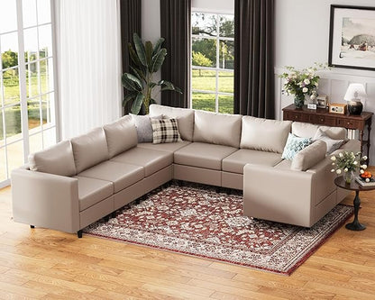 118.5" Faux Leather Modular Sectional Sofa, U Shaped Couch Set for Living Room, Large 8-Seater Comfy Cloud Couches with Storage Seat DIY Combination - Whitesand