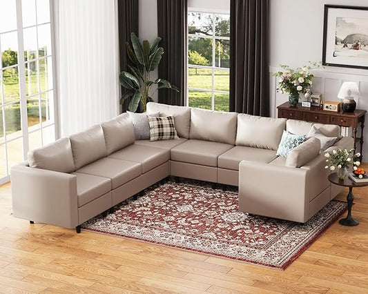 118.5" Faux Leather Modular Sectional Sofa, U Shaped Couch Set for Living Room, Large 8-Seater Comfy Cloud Couches with Storage Seat DIY Combination - Whitesand