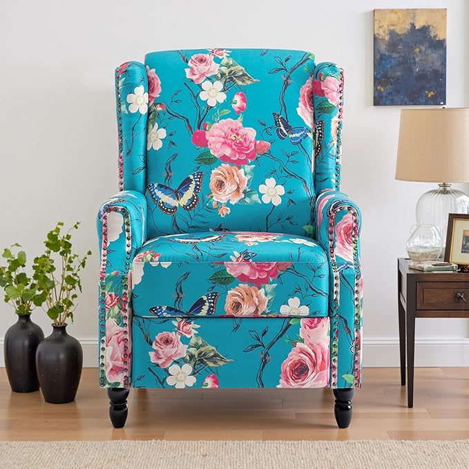 UIXE Floral Pushback Recliner Chair, Fabric Upholstered Armchair Push Back Accent Chair for Living Room, Rivet Trim Club Chair Home Theater Single Sofa Reading Seat - Peacock Blue