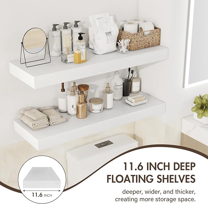 40 Inch Floating Shelves, 12" Deep Floating Shelf Wall Mounted, 40" Wall Shelves, Rustic Deep Bookshelf, Extra Deeper & Thicker Display Shelves for Bedroom, Living Room, White, Set of 2