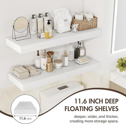 40 Inch Floating Shelves, 12" Deep Floating Shelf Wall Mounted, 40" Wall Shelves, Rustic Deep Bookshelf, Extra Deeper & Thicker Display Shelves for Bedroom, Living Room, White, Set of 2