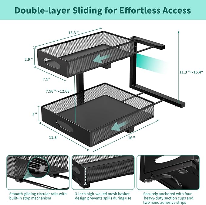 Under Sink Organizer, Extra-Wide Upgrade, 2-Pack of 2-Tier Metal Slide Out Cabinet Organizer, Height Adjustable Organization and Storage Series, Bathroom/Cabinet/Kitchen organization, Black