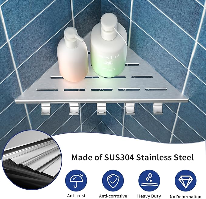10‘’ Corner Shower Shelf, 304 Stainless Steel Shelves for Bathroom, Grout in Shelf with Hooks for Tiled Wall (Brushed)