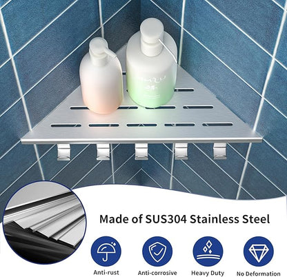 10‘’ Corner Shower Shelf, 304 Stainless Steel Shelves for Bathroom, Grout in Shelf with Hooks for Tiled Wall (Brushed)