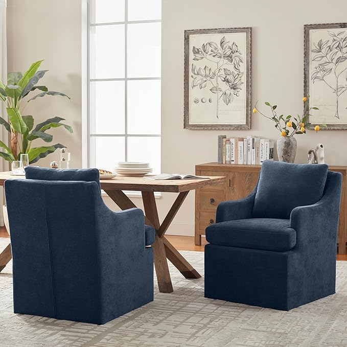 VKNOW Upholstered Dining Chairs, Modern Kitchen Chairs Dinner Chairs with 4 Casters, Linen Armchair for Bedroom Reading Room Living Room, Navy