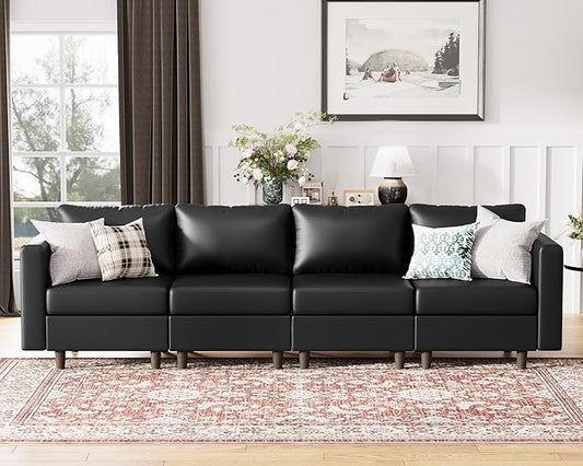 118.5" Faux Leather Modular Sectional Sofa with Storage Seat, Oversized 4 Seater Couch Deep Seat with Removable Cover Black