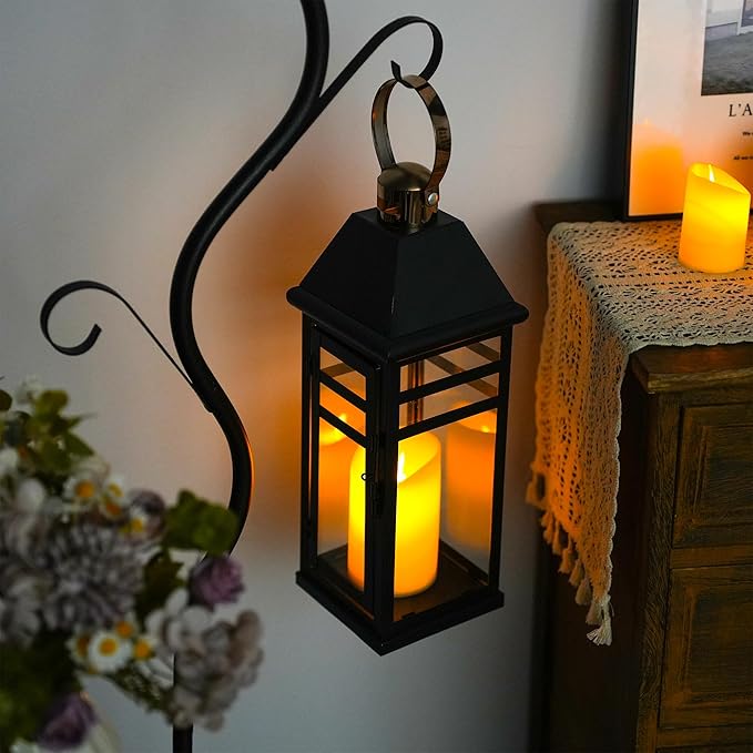 TRIROCKS Decorative Vintage Candle Lanterns 15.5" H Farmhouse Outdoor Hanging Lanterns with Tempered Glass for Porch, Balcony, Patio, Home, Centerpieces, Indoor, Outdoor(Black with Gold top)