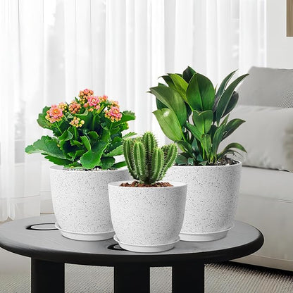 9/8/7.5 inch Flower Pots, Set of 3 Modern Decorative Plastic Planters with Drainage Holes and Saucers for Garden House Plants, Plant Pots for Indoor Outdoor Plants, Speckled White