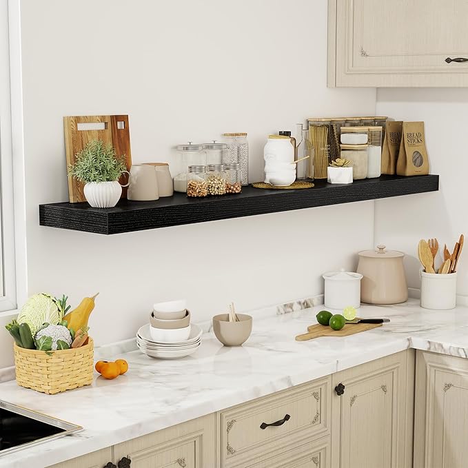 72 Inch Floating Shelves, 12" Deep Floating Shelf Wall Mounted, 72" Wall Shelves, Rustic Deep Bookshelf, Extra Deeper & Thicker Display Shelves for Bedroom, Living Room, Black, Set of 1