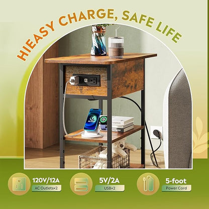 WLIVE End Table with Charging Station, Flip Top Side Table with Storage Shelf, Sofa Couch Table with USB Ports and Outlets, Narrow Bedside Table for Living Room, Bedroom Nightstand, Rustic Brown