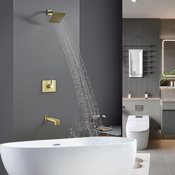 Brushed Gold Shower Fixtues, Tub and Shower Faucet Set Combo with 6 Inch Gold Shower Head and Tub Spout, Gold Shower Head and Handle Set (Valve Included)