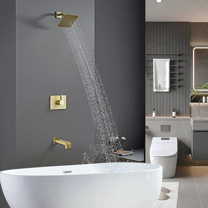 Brushed Gold Shower Fixtues, Tub and Shower Faucet Set Combo with 6 Inch Gold Shower Head and Tub Spout, Gold Shower Head and Handle Set (Valve Included)