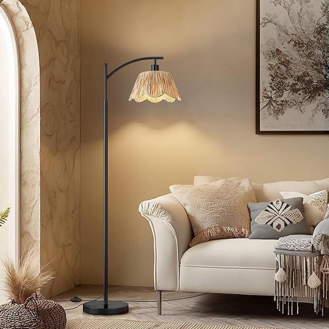 Oneach Arc Floor Lamp for Living Room with 3 Color Temperatures, Rattan Boho Floor Lamp with Hand-Woven Wicker Shade,Farmhouse Floor Lamps with Remote & Dimmable Bulb, Suitable for Bedroom（Black）
