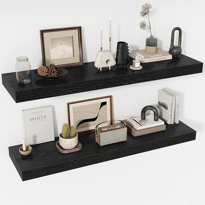 48 Inch Floating Shelves, 12" Deep Floating Shelf Wall Mounted, 48" Wall Shelves, Rustic Deep Bookshelf, Extra Deeper & Thicker Display Shelves for Bedroom, Living Room, Black, Set of 2