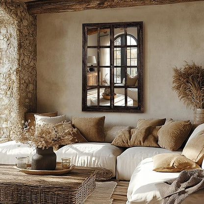 Wall Mirror with Window Design, 38"x26" Rustic Farmhouse Wood Mirror for Wall Decor, Decorative Vintage Mirror for Living Room, Bedroom, Entryway