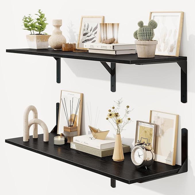 36 Inch Black Floating Shelves Wall Mounted, 12 Inch Deep Wall Shelves with Visible Brackets, Deep Bookshelf for Home, Rustic Bathroom Shelf, Deep Shelves for Plant, Books, Set of 2