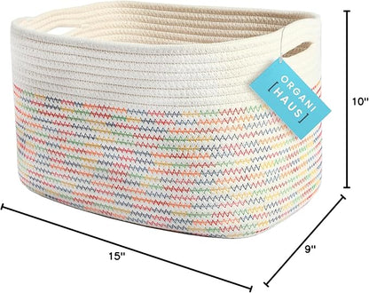 OrganiHaus Woven Storage Baskets for Organizing, Cotton Rope Organizer Bins for Shelves, Closet & Nursery, Dog Toy Basket, Decorative Bins for Toys, Towels & Books - 15x10x9, Rainbow Stitches