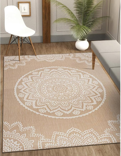 CAMILSON Outdoor Rug 8x10 Modern Area Rugs for Indoor and Outdoor Patios and Porches - Waterproof, Washable, Non-Shedding, Easy-to-Clean Outside Carpet (8 x 10, Medallion - Beige/White)