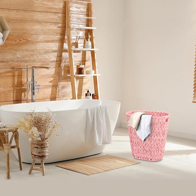 Bathroom Accessories Set with Wicker Trash Can, Pink Bathroom Accessories Pink Bathroom Sets Small Waste Basket Bathroom Trash Can for Bedroom Bathroom