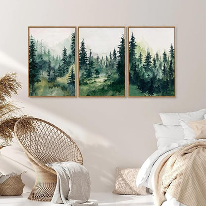 Tinonedraw Misty Forest Framed Canvas Wall Art Set, Modern Pine Trees Wall Painting, Watercolor Nature Foggy Landscape Wall Decor, Neutral Mountain ArtWork for Bedroom Living Room and Office 24"x36"x3