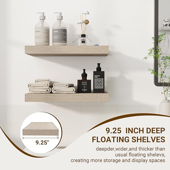 16 Inch Floating Shelves, 3D Textured Wood Grain, 16"x9.25"x1.5" Inch Deep Floating Shelves for Wall, Wooden Shelves for Bathroom, Bedroom, Living Room, Vintage White Oak, 2 Pieces