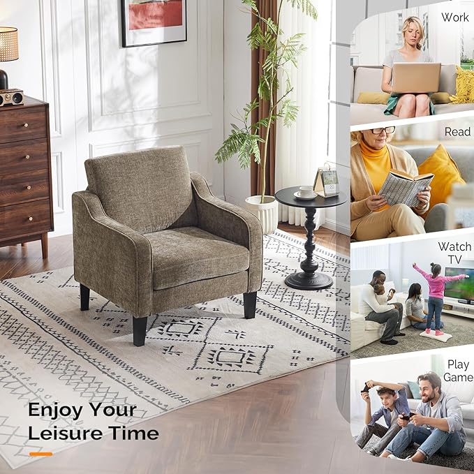 VINGLI Accent Chair for Living Room Chairs Light Brown Reading Chair for Bedroom Scooped Arm Chair Mid Century Modern Accent Chairs Upholstered Comfy Chair for Apartment, Waiting Room