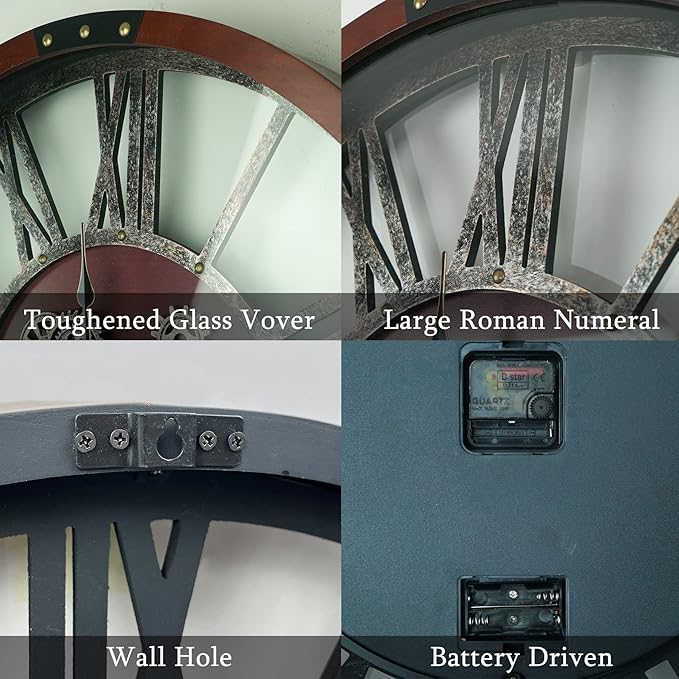 30Inchs Moving Gears Wall Clock, Oversized Wall Clocks, Clock Living Room Decor, Solid Wood Frame, Battery Operated, Large Wall Clock with Steampunk Industrial for Fireplace(Black Walnut)