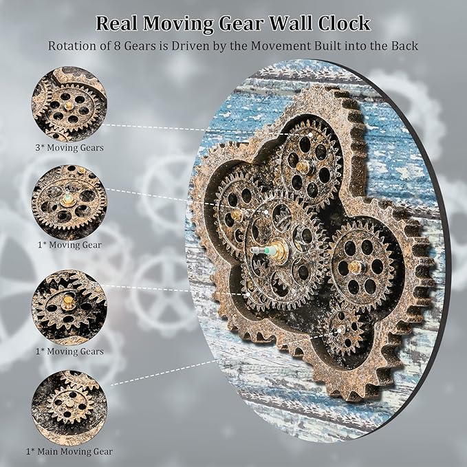 HOIBAI Large Wall Clock, Wall Clocks for Living Room Decor 20 Inch Farmhouse Vintage Rustic Kitchen Wall Decor Vintage Roman Oversized Wall Clock for Home Bedroom House Office, Moving Gears Clock