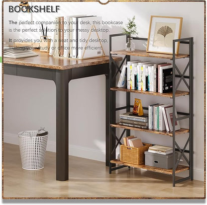 4NM 4 Tiers No Assembly Book Shelves, 41.3" H Folding Bookshelf Bookcase Open Industrial Foldable Shelves for Bedroom, Living Room, Home Office - Rustic Brown Black