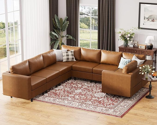 118.5" Faux Leather Modular Sectional Sofa, U Shaped Couch Set for Living Room, Large 8-Seater Comfy Cloud Couches with Storage Seat DIY Combination - Brown