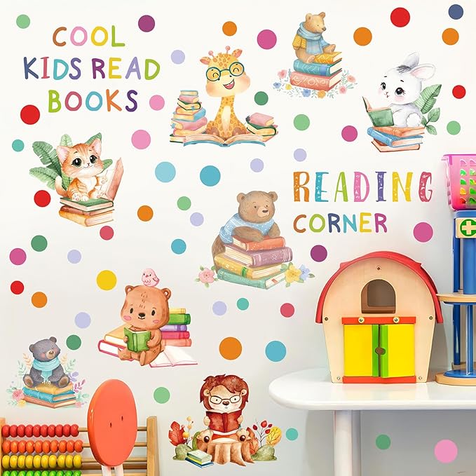 Reading Corner Decor,Reading Books Wall Decals,Learning Study Wall Stickers,Cartoon Animals Window Decals,Giraffe Bear Rabbit Read Books Stickers for Toddler Nursery Bedroom Classroom School