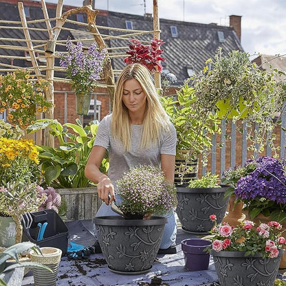 4 Pack 10 Inch Plant Pot for Outdoor Indoor, Plastic Flower Pots with Drainage Hole & Saucer, Lightweight Small Resin Flower Pot, Imitation Magnolia Planter Pots for Garden House（Gray）