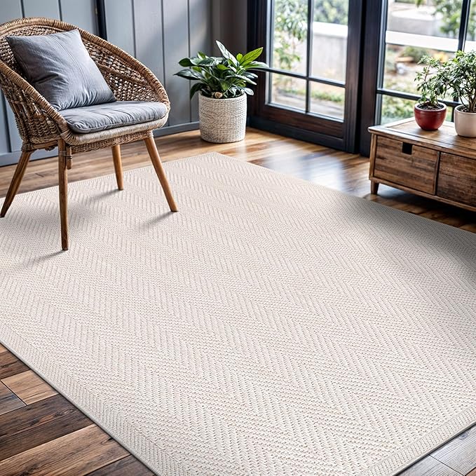 CAMILSON Easy Jute Rug 5x7, Indoor Outdoor Off-White Color Fiber Area Rugs for Living Room Patio and Kitchen Rug Herringbone Seagrass Woven Design Easy-Cleaning Washable Outside Carpet Alfombras 5 x 7