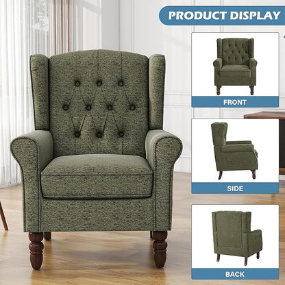 UIXE High Back Accent Chair, Upholstered Armchair in Fabric for Living Room, Retro Wingback Arm Chair Comfy Single Sofa Bedroom Reading Seat with Solid Wood Legs - Green