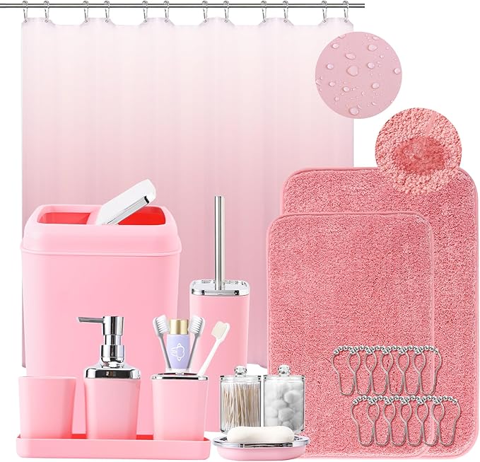 Bathroom Accessory Set–Bathroom Sets with Shower Curtain and Rugs, Non Slip Bathroom Rugs Super Absorbent, Pink Ombre Waterproof Shower Curtain with Hooks, Pink Bathroom Sets Complete for Home