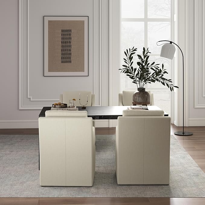 VKNOW Upholstered Dining Chairs Set of 4, Modern Kitchen Chairs Dinner Chairs with 4 Casters, Linen Armchair for Bedroom Reading Room Living Room, Beige