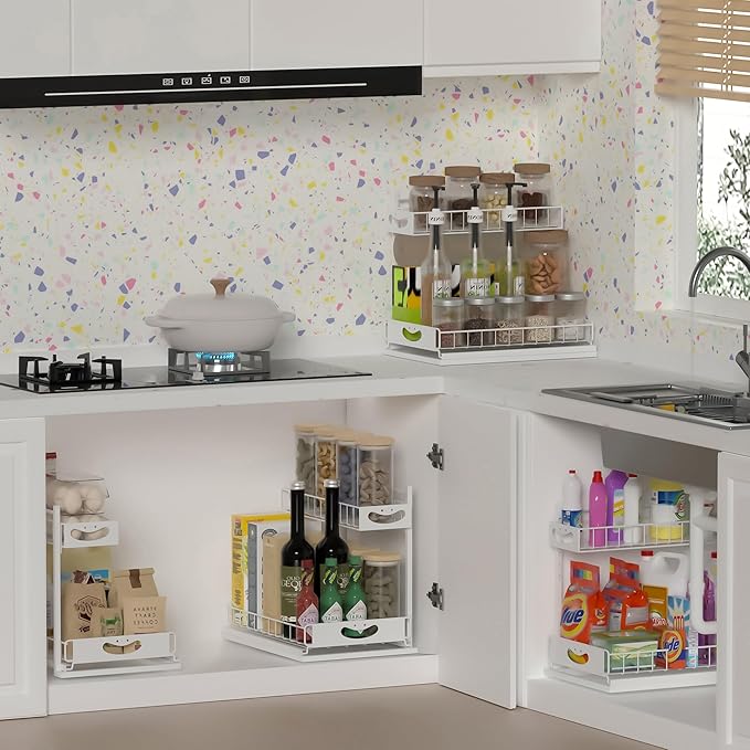 Under Sink Organizer with Pull-Out Drawers,Kitchen Sink Organizer,2 Tier Bathroom Organizers And Storage,Bathroom Accessories Set,White 2 Pack