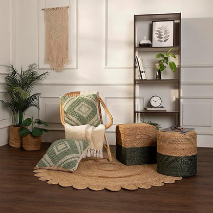 REDEARTH · Cylindrical Pouf Foot Stool Ottoman - Jute Braided Pouffe Poof Accent Sitting Footrest for The Living Room, Bedroom, Nursery, Patio, Lounge & Other Rooms (14.5”x14.5”x16”; Natural Olive)