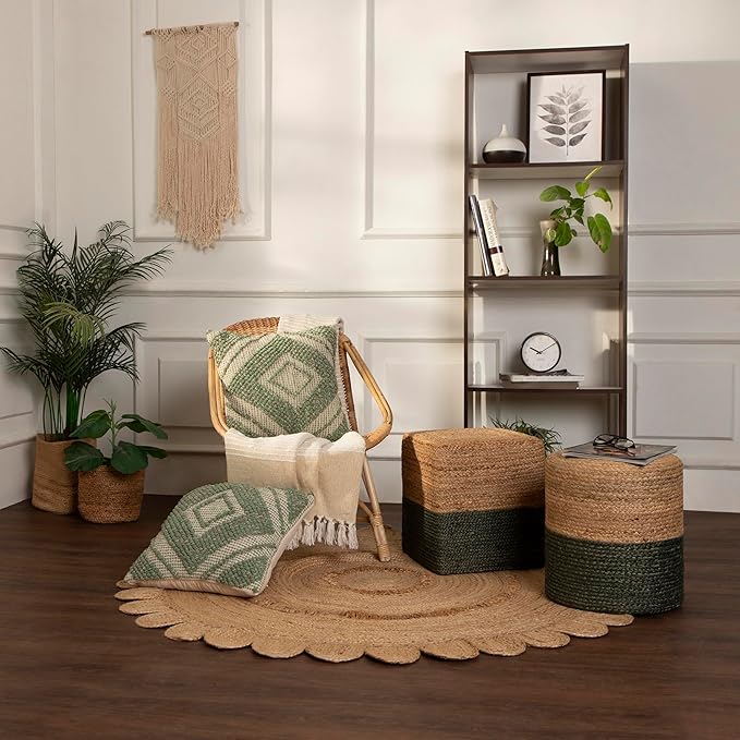 REDEARTH · Cube Pouf Foot Stool Ottoman - Jute Braided Pouffe Poof Accent Sitting Footrest for The Living Room, Bedroom, Nursery, Patio, Lounge - Set of 2 (14.5”x14.5”x16”; Natural Olive)