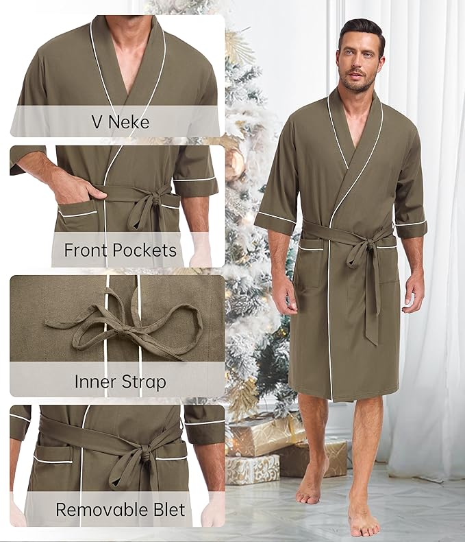 COLORFULLEAF Men's Bathrobes 100% Cotton Soft Comfort Breathable Short Sleeve Summer Kimono Mens Lightweight Robe