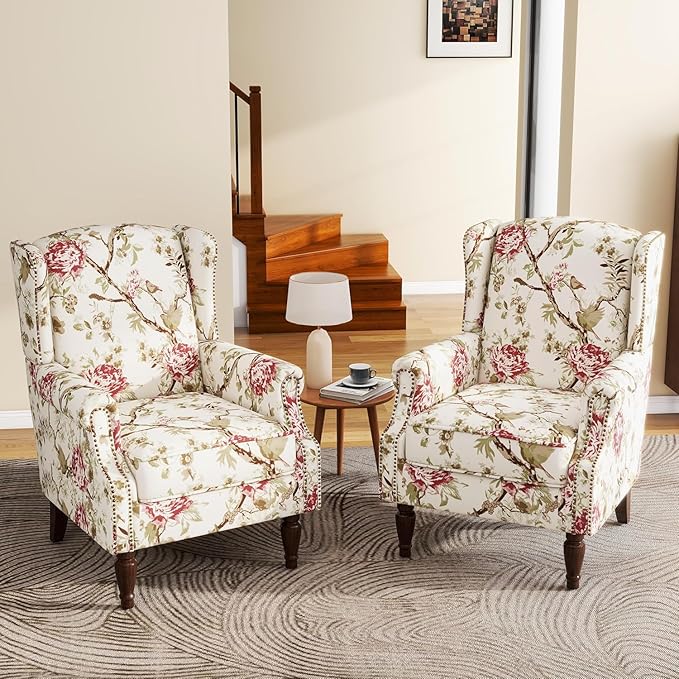 UIXE High Back Accent Chairs Set of 2, Fabric Upholstered Armchair for Living Room, Retro Printed Wingback Arm Chair Rivet Trimed Single Sofa Bedroom Reading Seat - Beige Floral