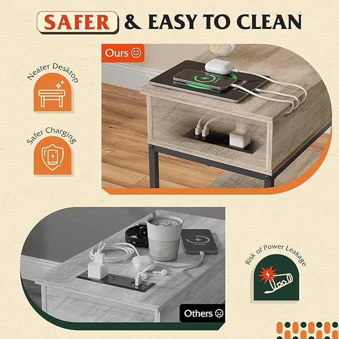 WLIVE Narrow Side Table with 2 USB Ports and 2 Outlets, Flip Top End Table with Drawer and Storage Shelves, End Stand with Charging Station for Living Room, Bedroom, Small Spaces, Greige