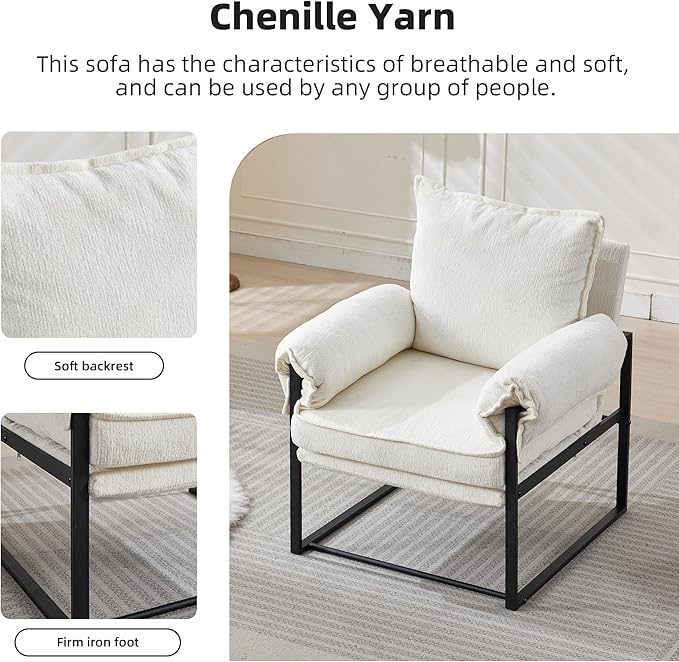 YISHENG Accent Chair with 6-Angle Adjustable Backrest, Chenille Fabric Living Room Chair Upholstered Lounge Chair, Modern Chair Cozy Reclining Chair for Reading Room, Set of 2 White