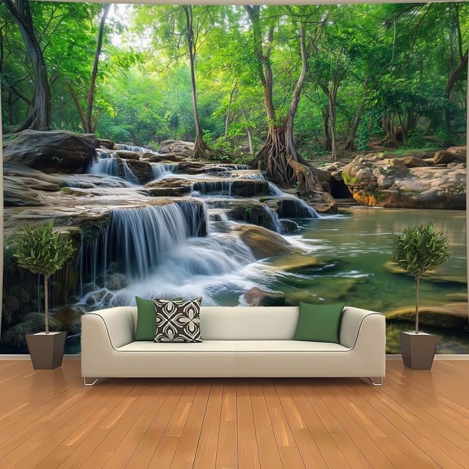 BSFHH Nature Tapestry Forest Tree Sea Cave Wall Hanging, Stream Through Rainforest Landscape Wall Art Tapestry for Bedroom Living room (Creek, 90"×70", Unframed)