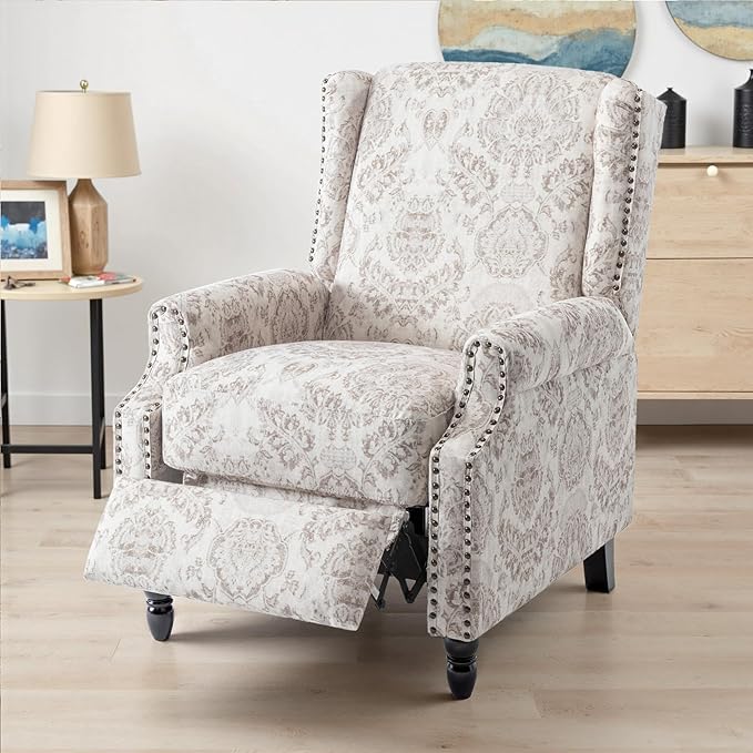 UIXE Recliner Chair, Fabric Upholstered Armchair Pushback Accent Chair for Living Room, Floral Rivet Trim Club Chair Home Theater Single Sofa Reading Seat - Beige Pattern