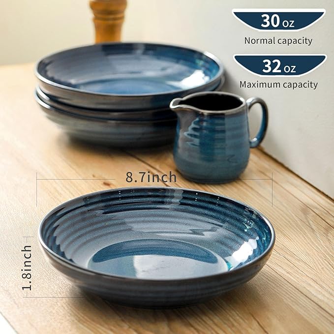 Pasta Bowls 32 OZ,Ceramic Salad Serving Bowls Set of 4,Large 8.7 inch Shallow Bowls Plates for Soup,Fruit,Noodle,Dinner,Dishwasher & Microwave Safe,Navy Blue
