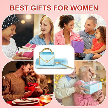 Zubebe 1 Set Coffee Mug Elegant Handbag Shaped Cup Modern Ceramic Purse Mug with Spoon and Saucer, 10oz Cute Creative Tea Cup for Office Home Woman Girls Gift (Blue)