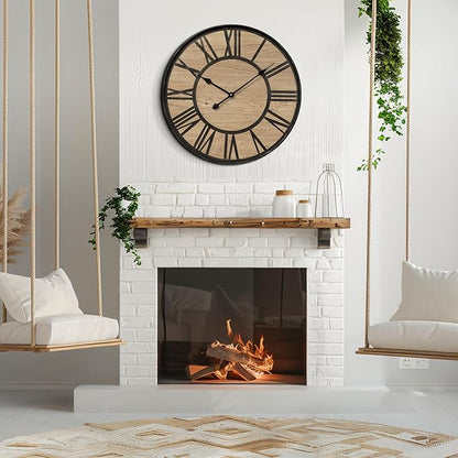 Large Wall Clock for Living Room Decor, Non Ticking Silent, Battery Operated Modern Vintage Wood Oversized Decorative Wall Clock for Bedroom Kitchen Farmhouse Office Decor