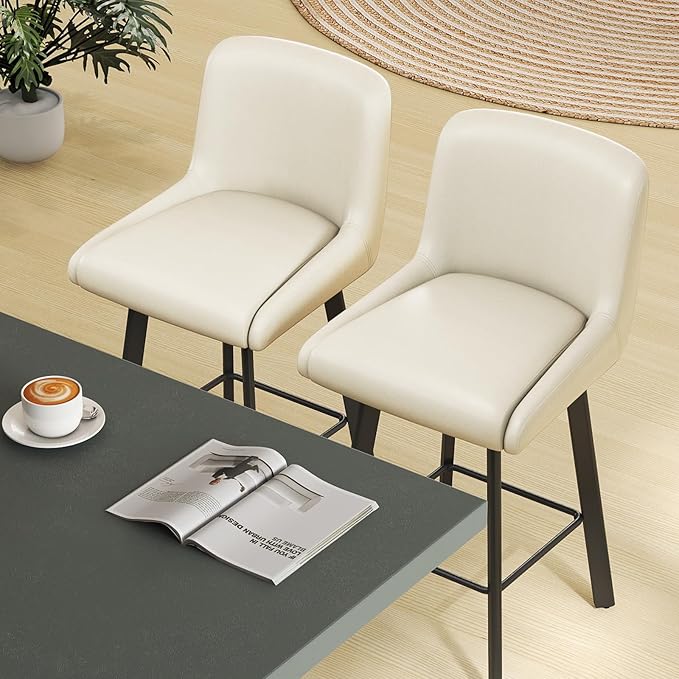 Swivel Bar Stools, 26''H Upholstered Barstools with Backs, Modern Counter Height Bar Stool Chairs for Kitchen Island, Metal Legs (Antique White- Faux Leather, Set of 3-26" H)